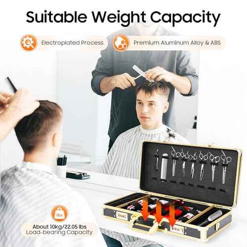 Barber Carrying Case - Sturdy Portable Storage for Clippers, Scissors, and Salon Tools - Multi-Space Organizer with Combination Lock - for Barbers, Stylists, and Groomers (Black, Golden)