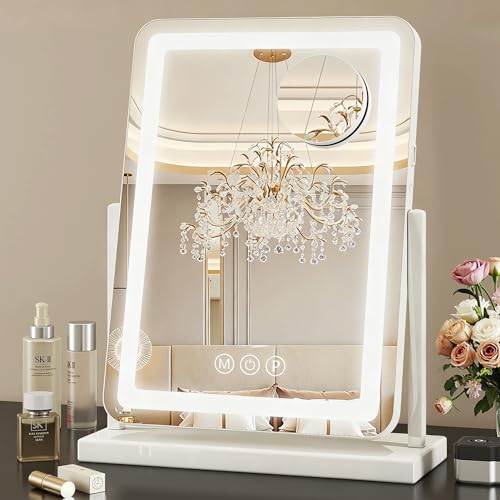 Suidia Vanity Mirror with Lights, 18"¡¿14" LED Makeup Mirror with Light, Smart Touch with 3-Color Lighting, 360¡ÆRatation for Vanity Desk Tabletop,White,Lamp Belt Style