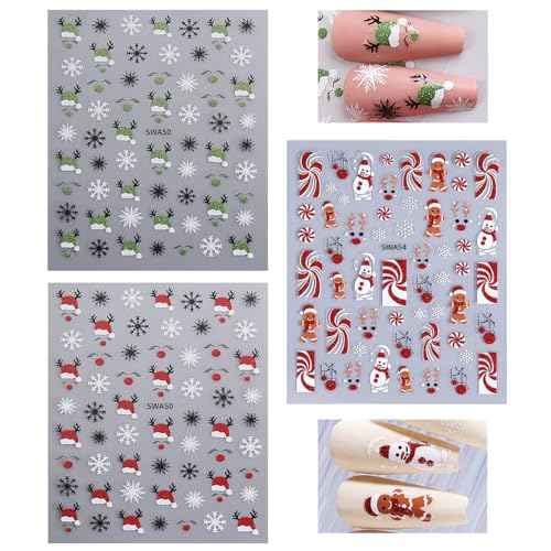 3 Sheets 3D Christmas Glitters Nail Art Sticker 3D Cute Nail Stickers Elk Star Gingerbread Man Snowflake Christmas Tree Nail Decals Snowman Hat Decal Slider New Year DIY Winter Manicure Decoration