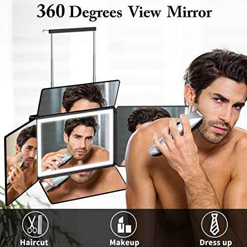 UHdod 5 Way Mirror for Hair Cutting with LED Light, 360¡Æ Barber Mirrors with Adjustable Height Brackets, Makeup Mirror for Self Cut, Shaving, Grooming, Good Gifts for Men Women