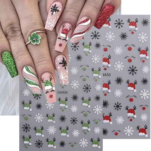 8Sheets Christmas Nail Stickers, Winter Nail Decals 3D Self-Adhesive Red Green Snowflake Bell Xmas Tree Reindeer Winter Nail Design Holiday Nail Art Decoration for Women Girls
