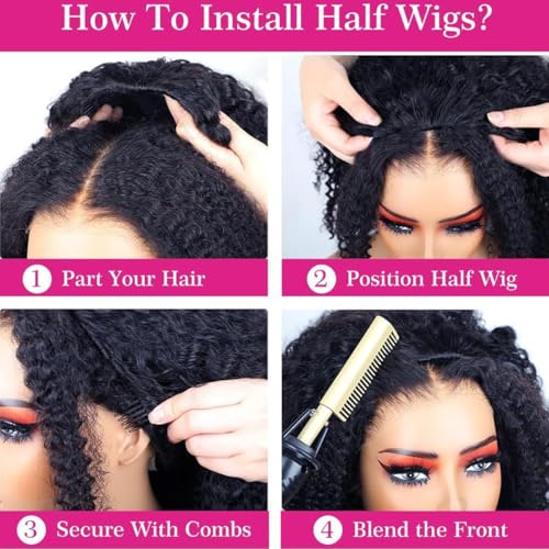 Kinky Curly Half Wig Human Hair 200% Density 3 In 1 Seamless Flip Over Half Wigs Human Hair Glueless Wear and Go Beginner Friendly Kinky Curly Wig Human Hair Drawstring Headband Wig for Women 18 Inch