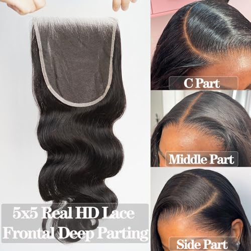 Body Wave 0.095mm Real HD 5x5 Lace Closure Invisible and Breathable Real HD Lace Closure 100% Human Hair with Tiny Single Knots Full Density Hair Natural Hairline (20inches)