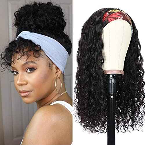 Water Wave Headband Wig Human Hair for Black Women 14 Inch Wet and Wave Headband Wig Brazilian Virgin Hair Glueless None Lace Front Water Wave Wigs Human Hair Natural Black 150% Density