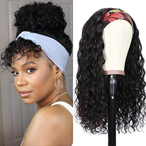 Water Wave Headband Wig Human Hair for Black Women - 20 Inch Brazilian Virgin Hair Glueless None Lace Front Wig - Natural Black 150% Density