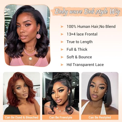 Bob Wig Human Hair 13x4 HD Lace Front Wigs Human Hair Pre Plucked 200% Density Glueless Short Body Wave Bob Wigs for Black Women with Baby Hair 12 Inch