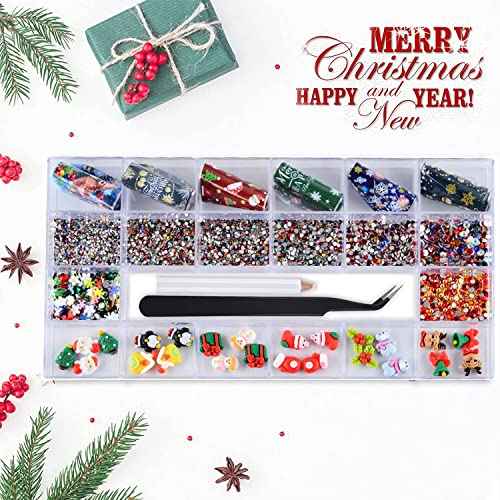 Christmas Nail Art Rhinestones Christmas Resin Nail Charms Nail Foil Sequins 3D Reindeer Socks Bell Christmas Tree Design for Nails Art Gems DIY Crafts Decoration with Wax Pen & Tweezer
