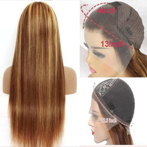 Highlight 13x4 HD Lace Front Wigs Human Hair 4/27 Honey Blonde Straight Transparent Lace Front Wigs Pre Plucked 12A Ombre Wigs Human Hair for Women 180% Density 22 Inch