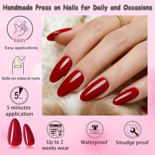 LoveOurHome 240pc Christmas Almond Press on Nails Medium Fake Nail Tips Burgundy Acrylic Nails Press ons Nail Almond Glue on Nail Short Stiletto Fingernail & Glue Adhesive Tabs for Women Girls Kids