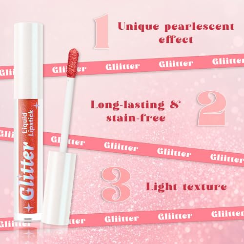 AMY'S DIARY Metallic Red Sparkle Liquid Lipstick, Shimmer Lip Gloss, Long-Lasting Waterproof Lip Color, High Shine Sparkle Makeup,Lip makeup for woman (Metallic Red Spark 6#)