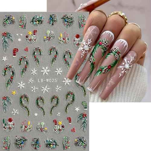4 Sheets Christmas Nail Art Stickers 5D Embossed Holly Leaf Nail Decals Winter Christmas Tree Elk Snowflake Design Self Adhesive Nail Art Supplies for Women Acrylic DIY Holiday Manicure Decoration