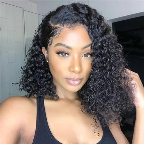 HD Transparent Deep Wave Lace Front Wigs 13X4 Deep Wave Bob Lace Wig Pre Plucked Brazilian Virgin Glueless Human Hair Wig for Black Women Natural Color 250% Density 12 Inch¡¦