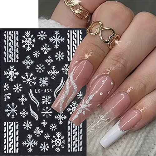 6 Sheets Snowflakes Nail Art Stickers Self-Adhesive Winter Nail Art Supplies Christmas Nail Stickers Glitter Snowflake French Stripe Design 3D White Gold Nail Decals for Women Xmas Nail Decor Charms