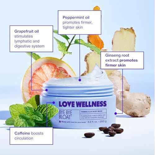 Love Wellness Bye Bye Bloat Firming Clay Body Mask | Lymphatic Drainage Body Mask for Women | Support Bloating Relief, Skin Hydration & Boost Circulation | Caffeine, Grapefruit & Peppermint Oil | 250g