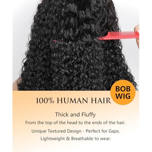 Bob Wig with Bangs Human Hair Water Wave 2x4 HD Lace Closure Front Curly Wigs Human Hair Bang Wig 220 Density Glueless Wear and Go for Beginners 100% Brazilian Human Hair for Black Women 12 Inch
