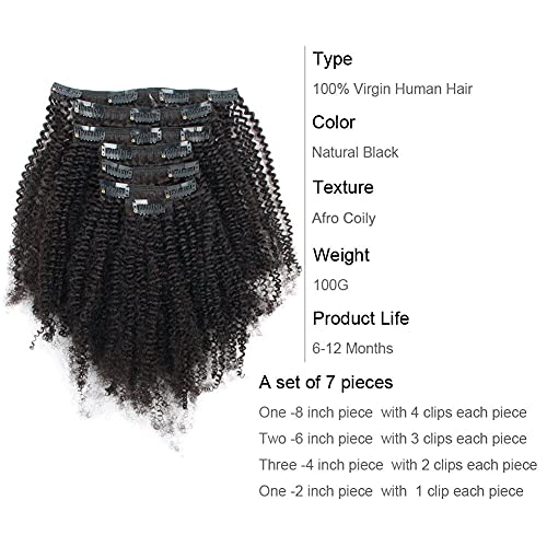 ABH AMAZINGBEAUTY HAIR Afro Coily Clip in Hair Extensions Real Human Hair 4B and 4C Double Wefts Remy Coily Clip ins for African Americans 120 Grams 7pcs 17 Clips, #1B Natural Black 12 Inch