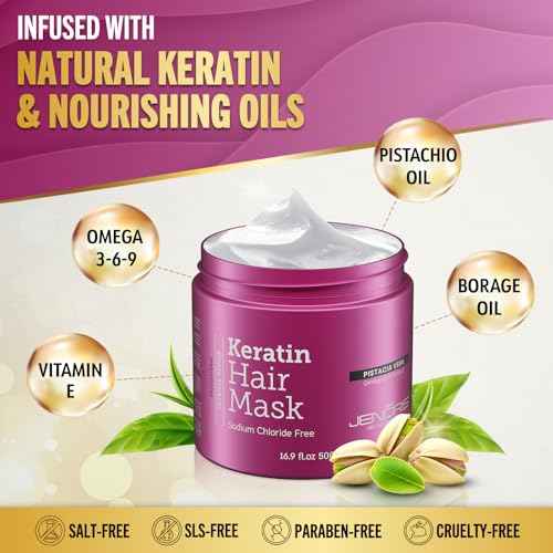 Jenoris Keratin Hair Mask for Dry, Damaged & Frizzy Hair ? Deep Conditioning Treatment with Natural Omega 3-6-9 Complex & Pistachio Oil, Salon-Professional, Paraben & SLS Free, 16.9 Fl Oz