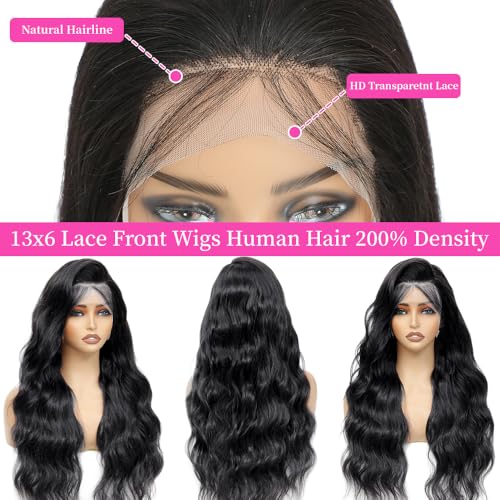 13x6 Lace Front Wigs Human Hair 200 Density Full Real Virgin Human Hair Wig Invisilbe Hairline Tiny Knots Body Wave HD Lace Frontal Wigs Pre Plucked Natural Black 20 Inch