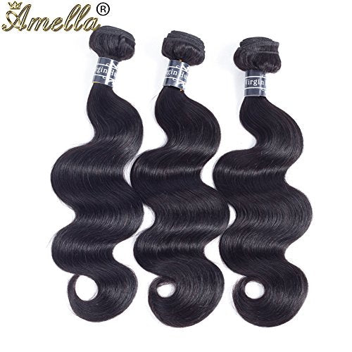 Amella Hair 100% Unprocessed Virgin Brazilian Human Hair Brazilian 22 20 18 inch Body Wave 3 Bundles Hair Extensions Grade 8A Remy Human Hair Bundles Natural Black Color