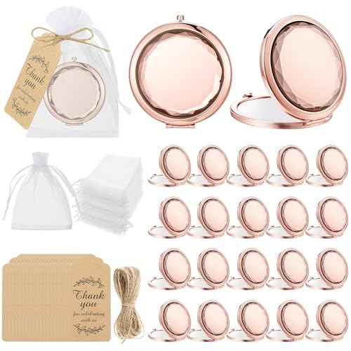 Barydat 24 Set Rose Gold Compact Mirrors Bulk Crystal Compact Makeup Double Sided Pocket Mirrors for Women Bridesmaids Wedding Gift for Bridal Shower Party Favors Christmas Party Gifts