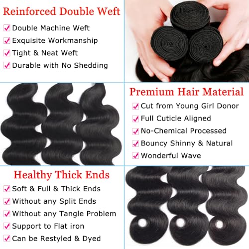 16A Human Hair Bundles 14 16 18 Inch Body Wave Bundles Human Hair 300g Brazilian Virgin Body Wave 3 Pieces Deals Brazilian Quick Weave Extensions Wet and Wavy Extensions Natural Black