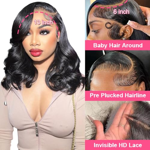 Bob Wig Human Hair 200 Density 13x6 Body Wave HD Lace Front Wigs Human Hair Glueless Lace Frontal Bob Wigs Short Bob Wigs for Black Women Pre Plucked with Baby Hair (14 inch, Bob Wig)