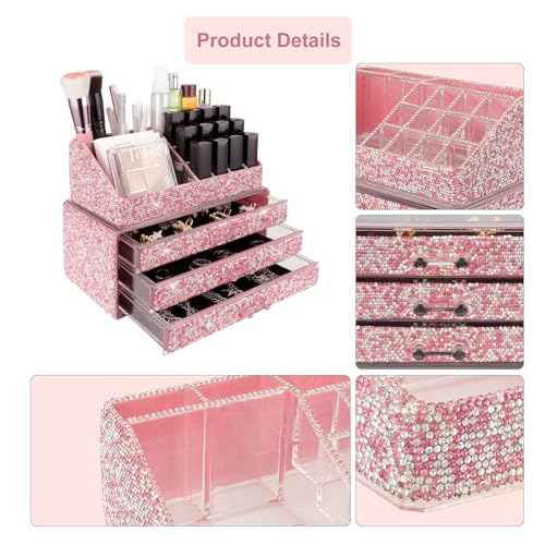 KEYPOWER Makeup Organizers Drawer Bling Diamond,Fashion Countertop Jewelry Cosmetic Storage Display Boxes,Makeup Brush Holder, Cosmetic Holder,2 Pieces Set(Purely Handmade)(Pink)