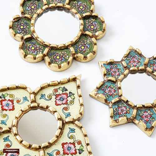 Handmade Peruvian Mirror Set ? Reverse Painted Glass ? Small Decorative Mirrors for Wall ? Artisan Star & Diamond Designs ? Unique Wall Decor Gift