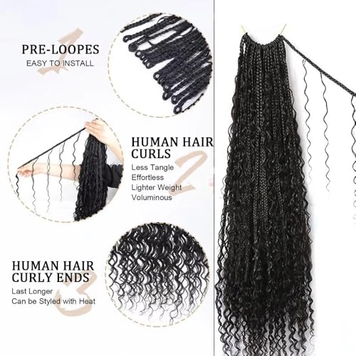 Crochet Boho Box Braids With Human Hair Pre Looped Hair Goddess Box Braids With Human Hair Curly Full Ends Hair Extensions For Women Natural Black Color 18inch 1 Pack(40 Strands)