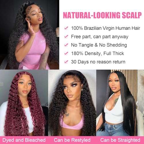 20 Inch Deep Wave Lace Front Wigs Human Hair 13x4 Deep Curly Human Hair Wig Pre Plucked 180% Density HD Transparent Lace Front Wigs for Black Women Deep Wave Frontal Wigs Natural Black