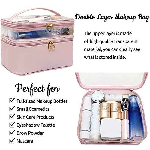 Makeup Bag,Leather Double Layer Large Makeups Organizer Bag,Travel Accessories Dorm Room Essentials Toiletry Bag for Women,Travel Essentials Cosmetic Bag Makeup Case,Mothers Day Gifts Graduation Gifts