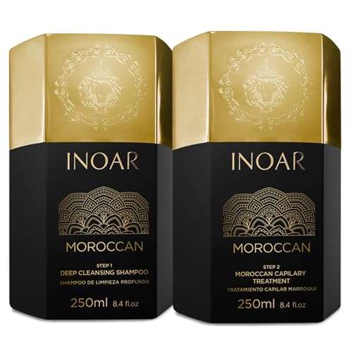 Inoar Moroccan Keratin Smoothing Treatment Set, Deep Cleansing Shampoo & Smoothing Treatment with White Clay & Cocoa Oil, 8.4 fl oz Each