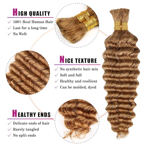 Honey Human Hair Deep Wave Bulk for Braiding - 27# Color No Weft Curly Extensions for Boho Braids, Wet and Wavy (22 Inch, #27, 100g)