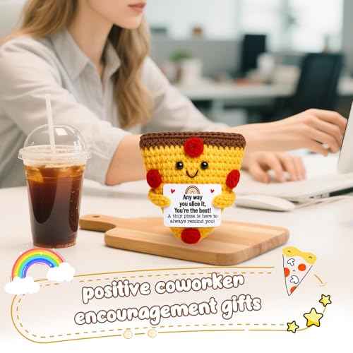 Mini Christimas Inspirational Gifts for Women Men Handmade Crochet Pizza Gift for Encouragement Self Care Motivation Comfort Positive Gift for Friend Teacher Coworker Christmas White Elephant Gifts