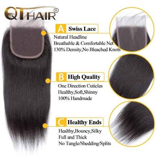 QTHAIR 16A Virgin Hair Brazilian Straight Hair Bundles with 4X4Lace Closure (12'' 14'' 16''+10'') 100% Unprocessed Straight Brazilian Virgin Hair Weave Natural Color