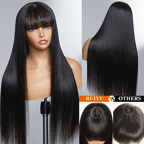 Ruiyu Straight Human Hair Wigs with Bangs 180% Density 2x4 Lace Front Wigs with Bangs Closure Wear and Go Glueless Wigs 100% Brazilian Virgin Human Hair Wigs for Women 16 Inch