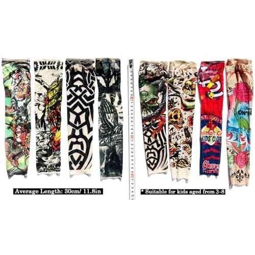 Kid Fake Tattoo Arm Sleeves Bulk, 8 PCS Boy Girl Temporary Sunscreen Tattoo Sleeve for Small Big Kids Children