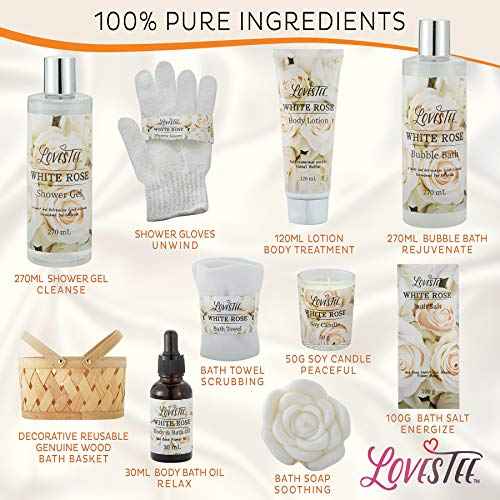 Mothers Day Gifts Bath & Body Spa Gift Basket for Women, Best Gift for Mother's Day & Birthday, White Rose Set Body Lotion, Shower Gel, Bubble Bath, Bath Salt, Towel, Soap, Oil, Candle, Gloves,
