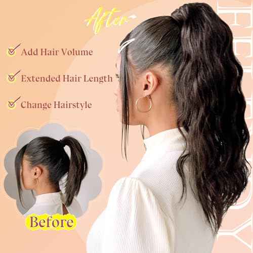 FELENDY 18" Ponytail Extension Curly Wavy Clip in Hairpiece Wrap Around Long Pony Tails Hair Extensions Synthetic for Women Medium Brown