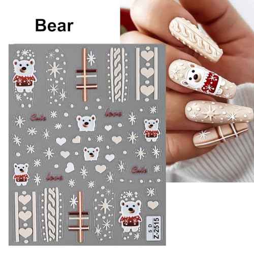 6 Sheets Christmas Nail Art Stickers Snowflake Nail Decals 5D Embossed Self-Adhesive Santa Claus Elk Penguin Bear Xmas Tree Nail Supplies for Women Christmas Nail Art Decoration Winter Pegatinas U?as