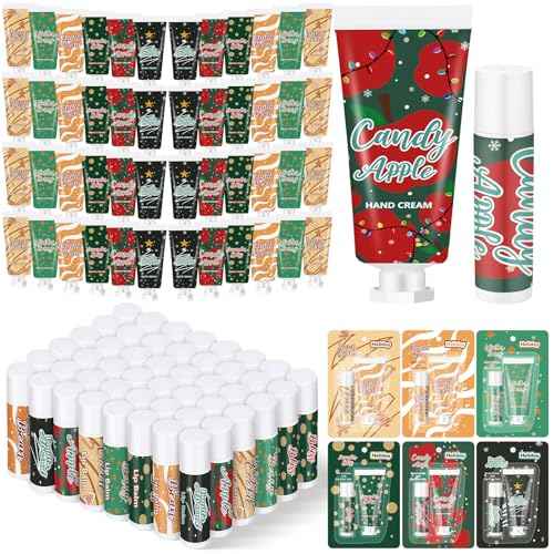Loopeer 96pcs/48sets Christmas Hand Cream and Lip Balm Gift Sets for Women Travel Hand Lotions Moisturizing Lip Care Lipstick for Dry Cracked Christmas Stocking Stuffer Xmas Bulk Gift Coworker Adult