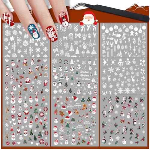 9 Sheets Christmas Nail Art Stickers, Embroidery Nail Sticker Decals for Girl Women, Xmas Tree Santa Claus Nail Stickers for Nail Art Kids Christmas Stocking Stuffers Gifts Decoration Self-Adhesive