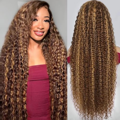 20 Inch Highlight Ombre Deep Wave Lace Front Wigs Human Hair Wig 13x6 Honey Blonde Wig Human Hair HD Glueless Deep Wave Wig 4/27 Colored Wet and Wavy Curly Wig Pre Plucked for Women