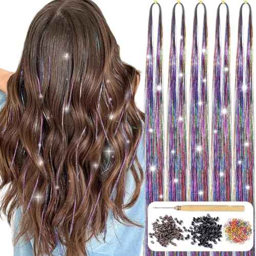 Hair Tinsel Kit with Tools 48 Inch 1200 Strands Colorful Tinsel Hair Extensions Fairy Hair Tinsel Kit Heat Resistant Sparkling Glitter Tensile Hair Accessories for Girls Women Kids