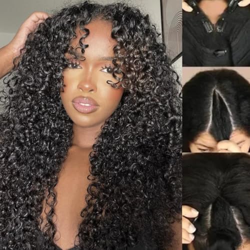 Sunber V Part Wig Human Hair Glueless Wig Kinky Curly Upgrade No Leave Out Vpart Afro Kinky Curly Wigs 150% Density Glueless Clip in Half Wigs No Glue No Sew in Beginner Friendly 16Inch