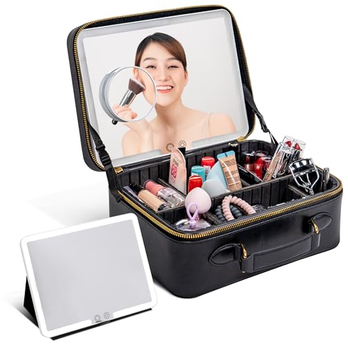 BAREZ Premium PU Leather Makeup Bag With LED Mirror - 3 Brightness Mirror Light Settings - Adjustable Dividers - Removable Mirror Waterproof Cosmetic Travel Bag (Black)