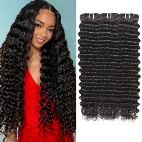 Deep Wave Human Hair Bundles 12A 18 20 22 Inch, 3 Bundle 100% Unprocessed Virgin Brazilian Human Hair Extensions Quick Weave Natural Black, Can be Dyed