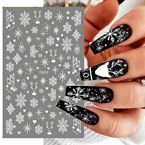 8 Sheets 3D Snowflake Nail Art Stickers Christmas Nail Decals Self-Adhesive White Glitter Snowflake Nail Stickers Reindeer Snowflakes Nail Design Winter Xmas Nail Decoration for Women Girls