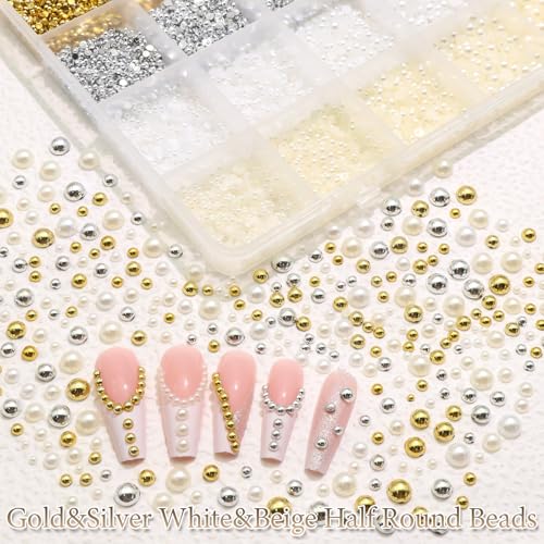 RODAKY Gold&Silver Nail Charms and Beads Gems 2-6mm Half Round Flatback Nail Pearls Beads for Nails,Flatback Rhinestones Jewels for Junk Case Kit Crafting Face Hair Manicure DIY