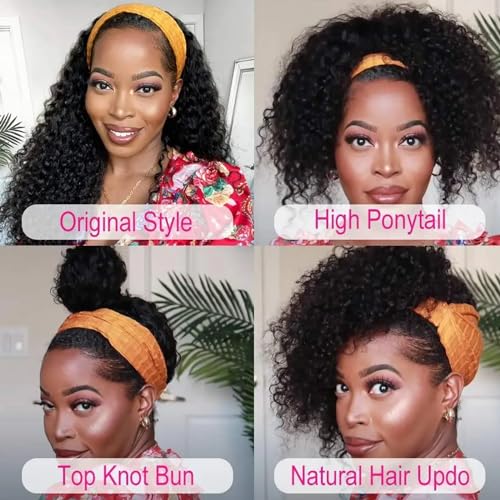 haha Water Wave Headband Wig Human Hair Curly Headband Wigs None Lace Front Wig Wet and Wavy Brazilian Virgin Human Hair Wear and Go Glueless Wig For Women Natural Black 150% Density 24 Inch